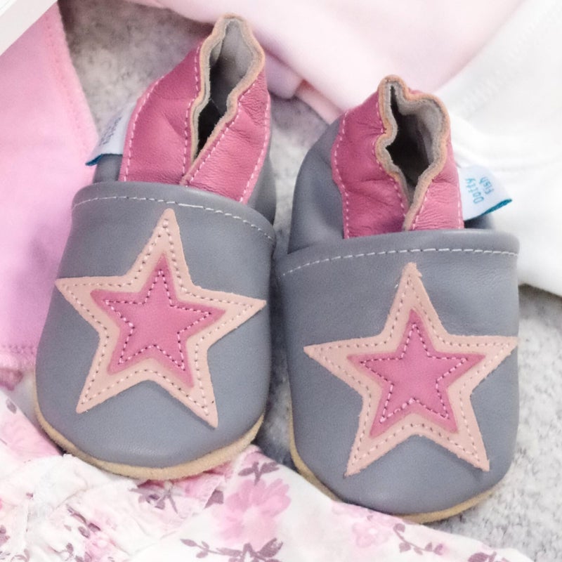 Dotty Fish Soft Leather Infant Shoes Girls pre-Walkers. Grey with Pink Star. 12-18 Months - Image 2